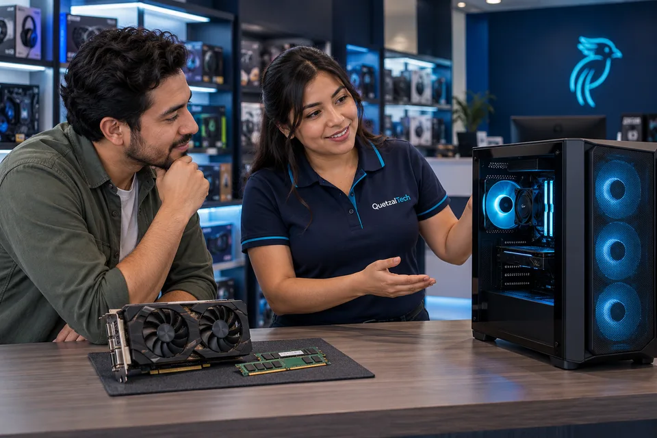 Asesora de QuetzalTech mostrando una PC a un cliente que ofrece componentes como parte de pago