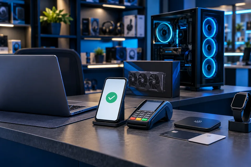 Terminal de tarjeta y teléfono para pagos junto a una computadora en el mostrador