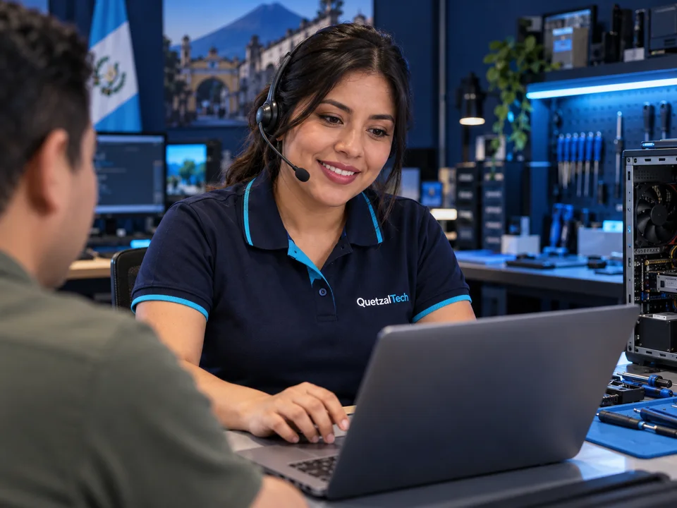 Técnica de soporte con uniforme de QuetzalTech atendiendo a un cliente en un taller de computadoras