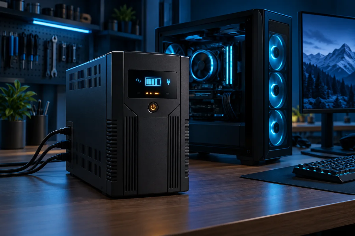 UPS junto a una PC de escritorio para protección eléctrica del equipo